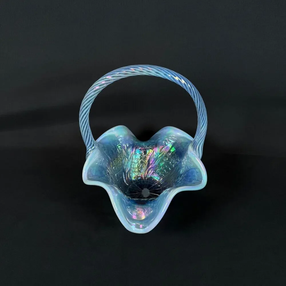 Fenton Iridescent Blue Carnaval Glass Basket h8